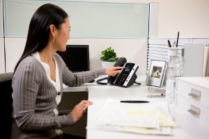 View of a Polycom VVX 500 in use.